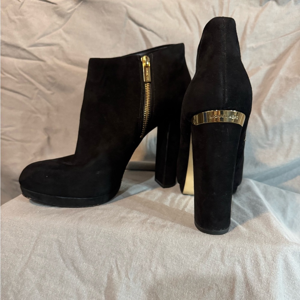 Michael Kors Black Heeled Boots with Gold Accents